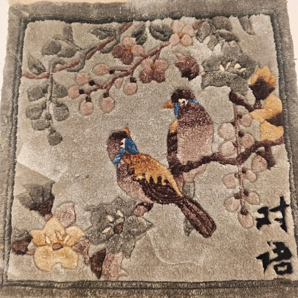 Vintage Oriental Tufted Silk Bird Rug Wall Hanging Carved Pile Fringed 12